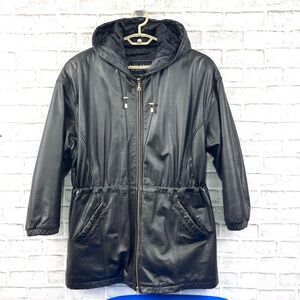 |•WILSONS LEATHER•| Hooded Thigh Length Drawstring Black Leather Jacket Size L